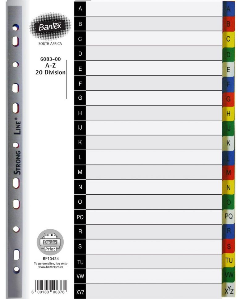 Bantex Manilla Board A4 Divider B6083 Polyprop A-Z Div