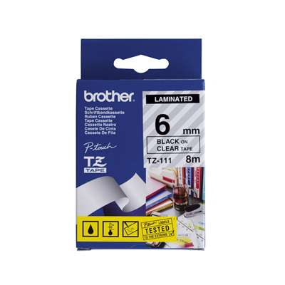 Brother TZe-111 Laminated Tape - 6mm Black on Clear (8m)