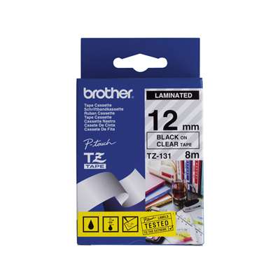 Brother TZe-131 Laminated Tape - 12mm Black on Clear (8m)