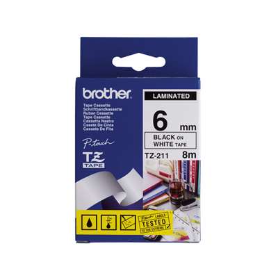 Brother TZe-211 Laminated Tape - 6mm Black on White (8m)