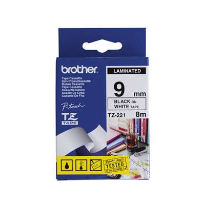 Brother TZe-221 Laminated Tape - 9mm Black on White (8m)