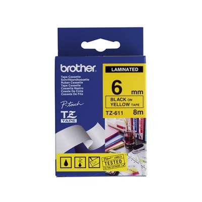 Brother TZe-611 Laminated Tape - 6mm Black on Yellow (8m)