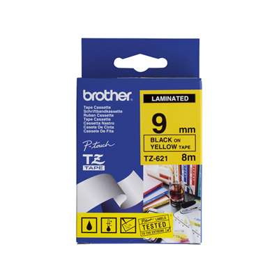 Brother TZe-621 Laminated Tape - 9mm Black on Yellow (8m)