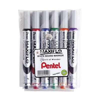 PENTEL Maxiflow Whiteboard Markers, Erasable Ink, Set of 6, Assorted Colours.