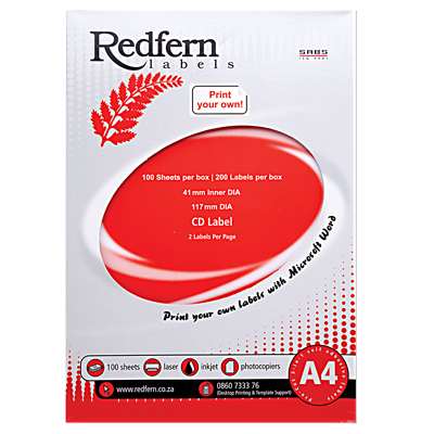 Laser Redfern Labels, 117mm, 41mm Inner, 2 Per Page.