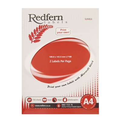 Laser Redfern Labels, 199.5x143.5mm, 2 Per Page.