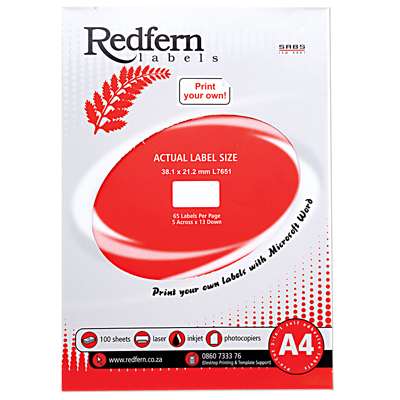 Laser Redfern Labels, 38.1x21.2mm, 65 Per Page