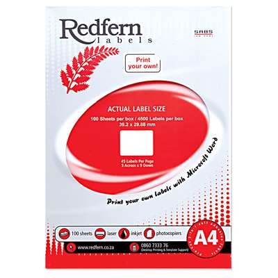 Laser Redfern Labels, 39.2x29.8mm, 45 Per Page