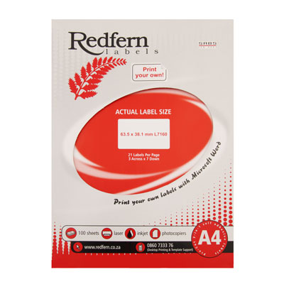 Laser Redfern Labels, 63x38.1mm, 21 Per Page With Border