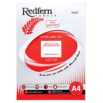 Laser Redfern Labels, 66x53.8mm, 15 Per Page