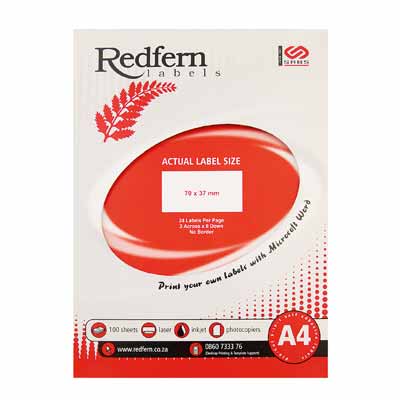 Laser Redfern Labels, 70x37mm, 24 Per Page.