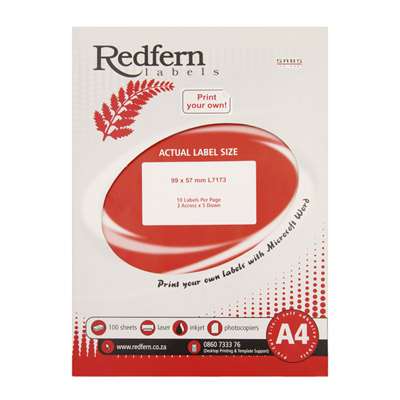 Laser Redfern Labels, 99.5x57mm, 10 Per Page.