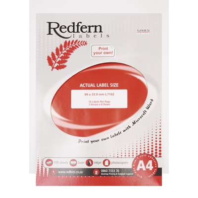Laser Redfern Labels, 99.5x33.625mm, 16 Per Page.